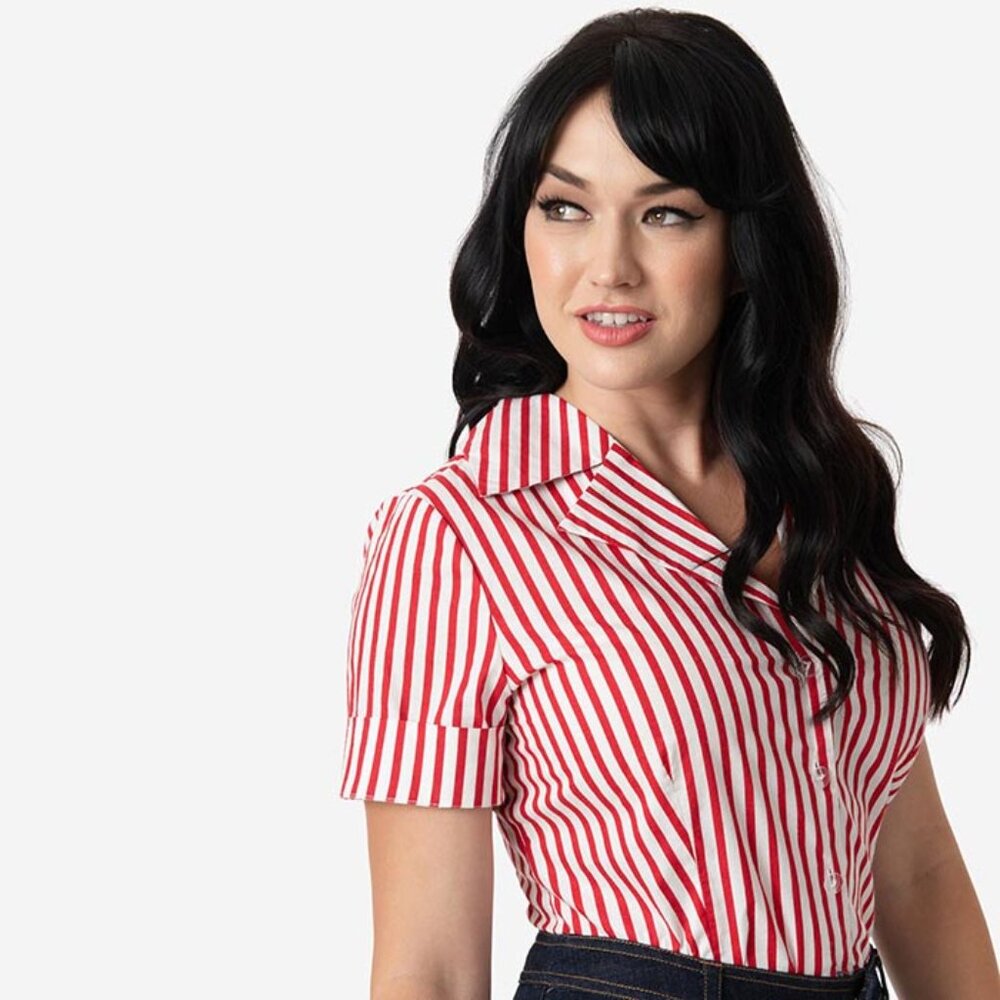NWT I Love Lucy x Unique Vintage button front top - red/white stripe - size  M